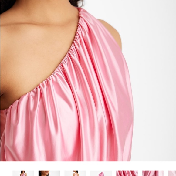NWT Express Satin One Shoulder Ruched Maxi Dress Pink Bloom Size Medium - Picture 2 of 6